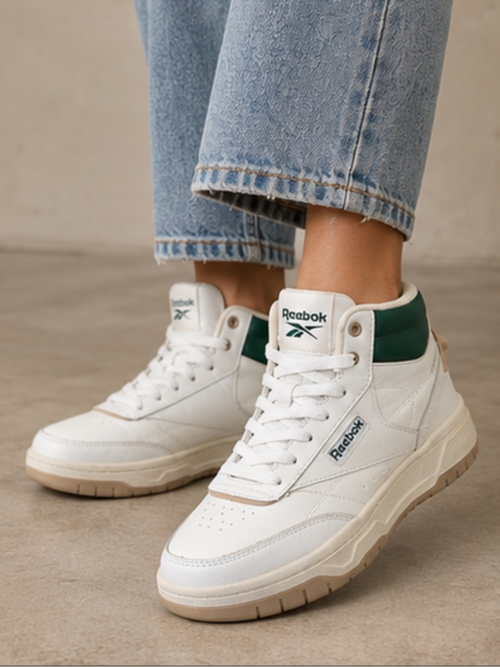 Reebok White High-Top Sneakers with Green Collar and Tan Sole